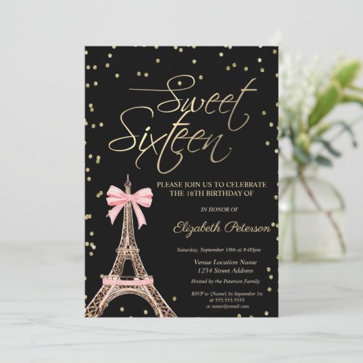 Eiffel Tower Bow Gold Diamonds Black Sweet 16  Einladung (Stehend Vorderseite)
