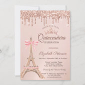  Eiffel Tower,Bow Rose Gold Drips Quinceañera  Einladung (Vorderseite)