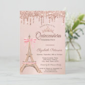  Eiffel Tower,Bow Rose Gold Drips Quinceañera  Einladung (Stehend Vorderseite)