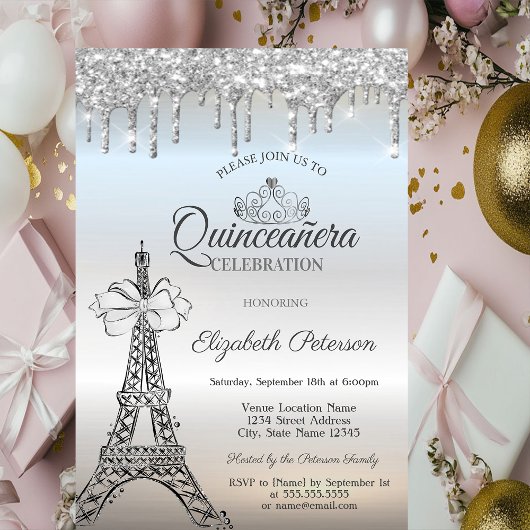 Eiffel Tower,Bow,Tiara,Drips Silver Quinceañera Einladung