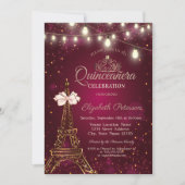  Eiffel Tower,Bow,Tiara Lights Red Quinceañera  Einladung (Vorderseite)