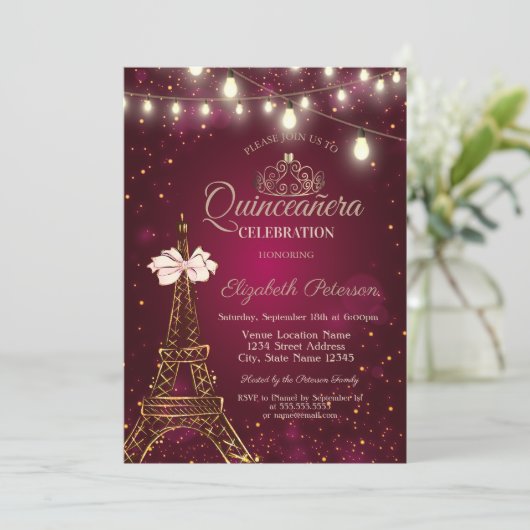 Eiffel Tower,Bow,Tiara Lights Red Quinceañera Einladung (Stehend Vorderseite)