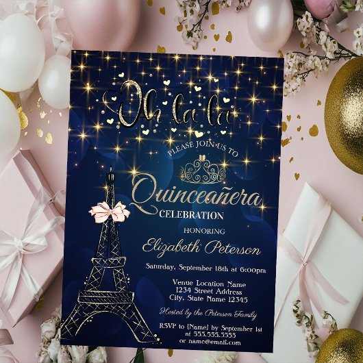 Eiffel Tower,Bow Tiara,Stars Navy Blue Quinceañera Einladung