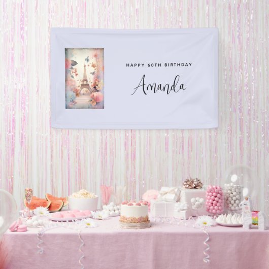 Eiffel Tower Butterflies and Flowers Birthday Banner (Party)