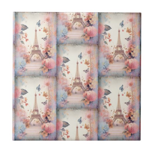 Eiffel Tower Butterflies and Flowers Fliese (Vorderseite)