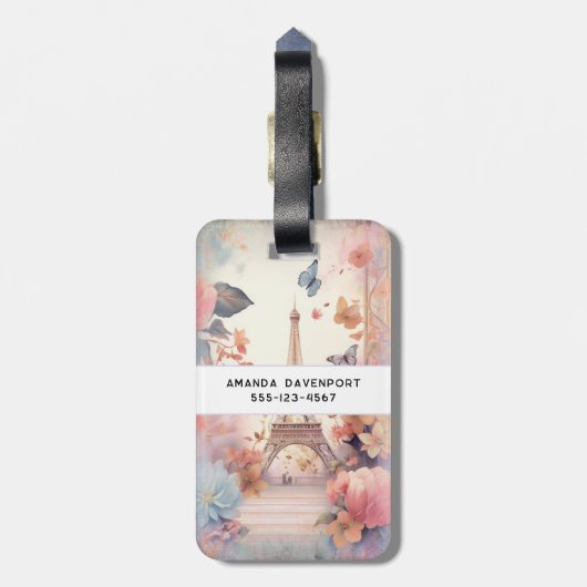 Eiffel Tower Butterflies and Flowers Gepäckanhänger (Rückseite vertikal)