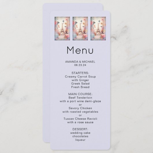 Eiffel Tower Butterflies and Flowers Menu Einladung (Vorne/Hinten)