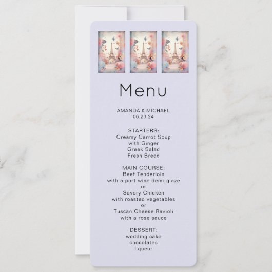 Eiffel Tower Butterflies and Flowers Menu Einladung (Vorderseite)