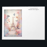 Eiffel Tower Butterflies and Flowers Notizblock<br><div class="desc">A notepad with a stylized Eiffel tower image surrounded by pretty butterflies and delicate garden flowers.</div>