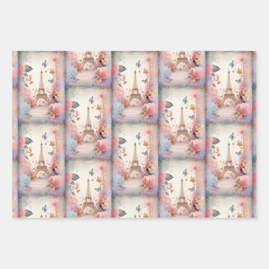 Eiffel Tower Butterflies and Flowers Pattern Geschenkpapier Set (Vorderseite 3)