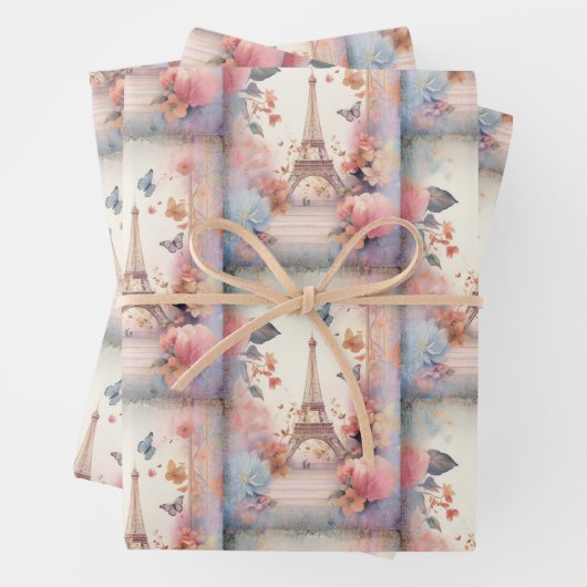 Eiffel Tower Butterflies and Flowers Pattern Geschenkpapier Set (Beispiel)