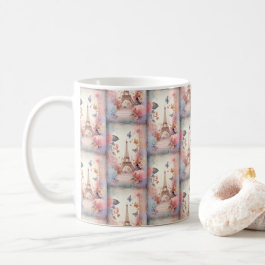 Eiffel Tower Butterflies and Flowers Pattern Kaffeetasse (Mit Donut)