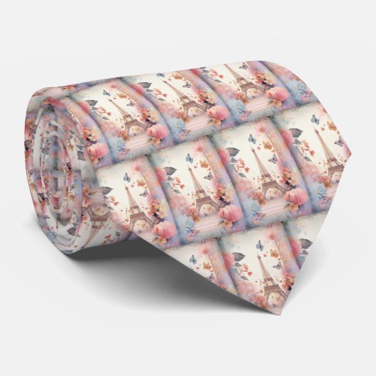 Eiffel Tower Butterflies and Flowers Pattern Krawatte (Gerollt)
