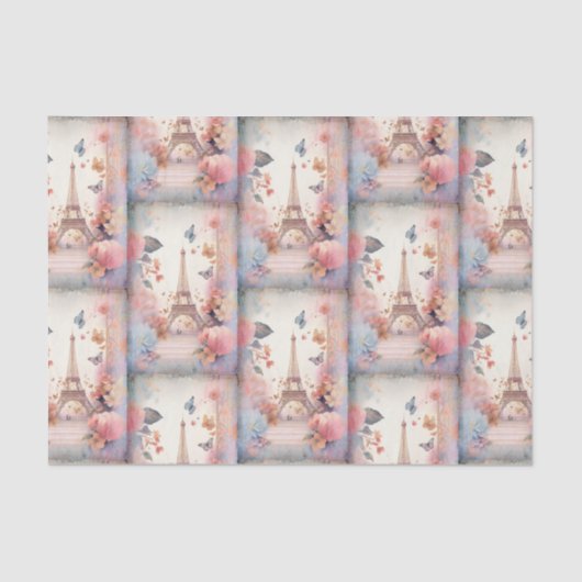 Eiffel Tower Butterflies and Flowers Pattern Seidenpapier (Vorderseite)