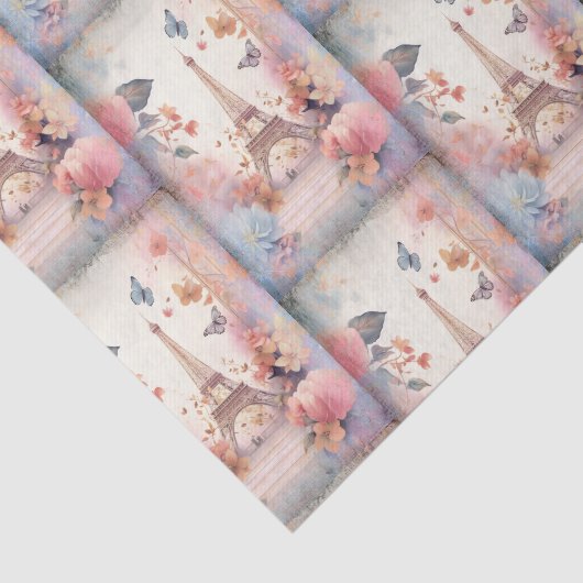 Eiffel Tower Butterflies and Flowers Pattern Seidenpapier (Ausschnitt)