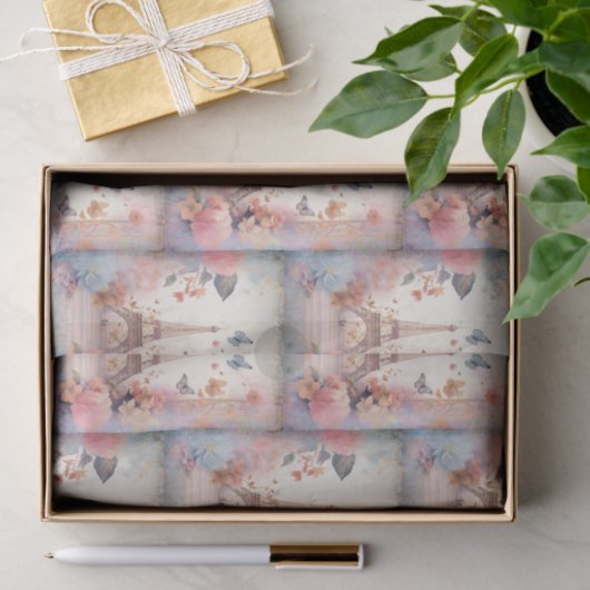 Eiffel Tower Butterflies and Flowers Pattern Seidenpapier (Geschenk)