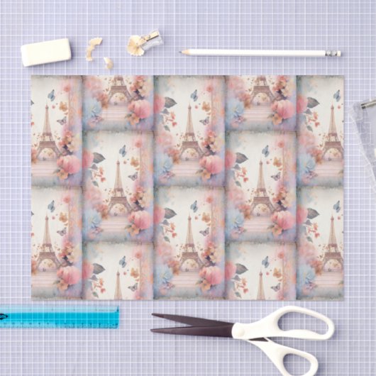 Eiffel Tower Butterflies and Flowers Pattern Seidenpapier (Handwerk)