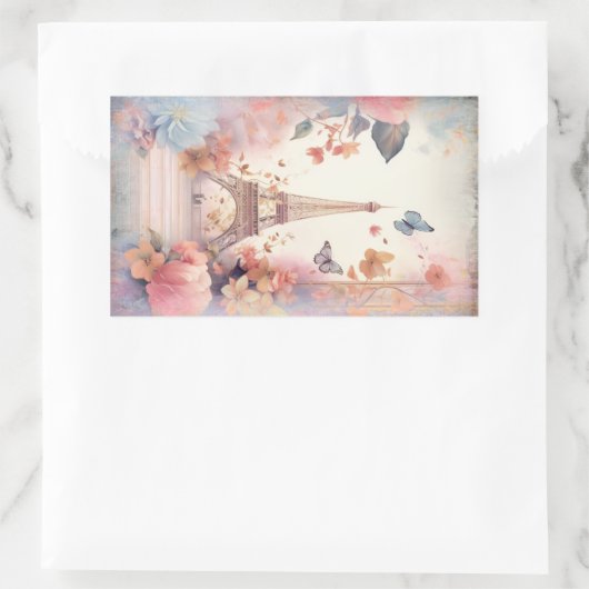 Eiffel Tower Butterflies and Flowers Rechteckiger Aufkleber (Tasche)