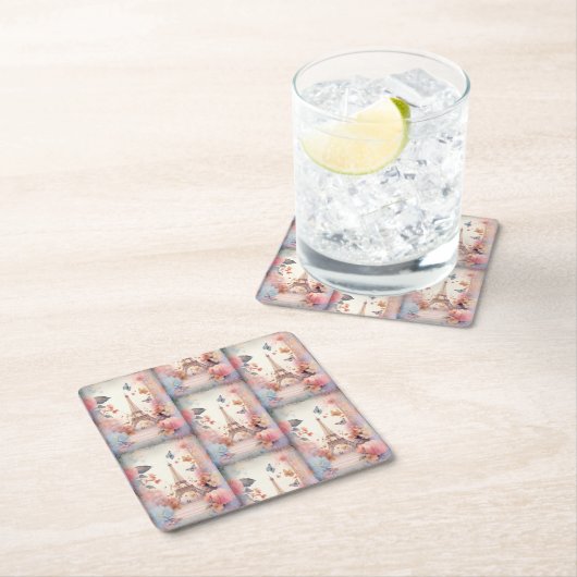 Eiffel Tower Butterflies and Flowers Rechteckiger Pappuntersetzer (Vor Ort)