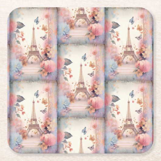 Eiffel Tower Butterflies and Flowers Rechteckiger Pappuntersetzer (Vorderseite)