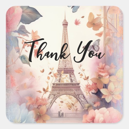 Eiffel Tower Butterflies and Flowers Thank You Quadratischer Aufkleber (Vorderseite)
