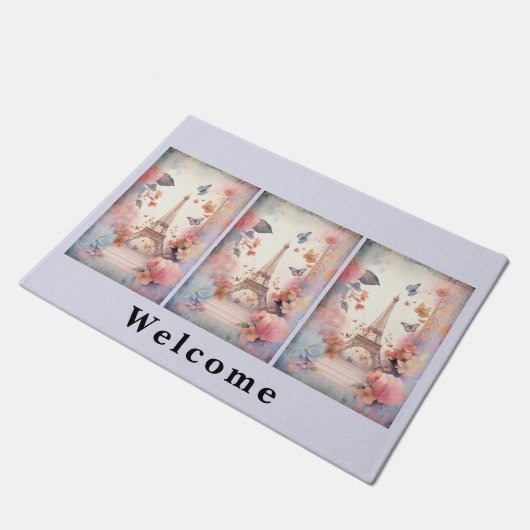 Eiffel Tower Butterflies and Flowers Welcome Fußmatte (Schrägansicht)