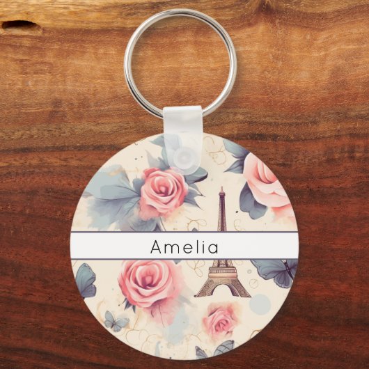 Eiffel Tower Butterfly and Roses Pattern Schlüsselanhänger (Vorderseite)