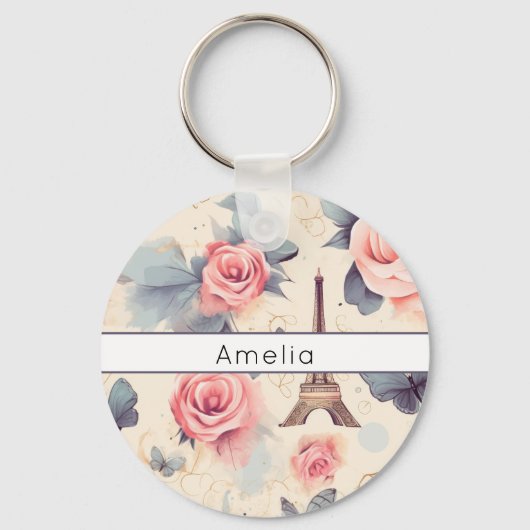 Eiffel Tower Butterfly and Roses Pattern Schlüsselanhänger (Rückseite)
