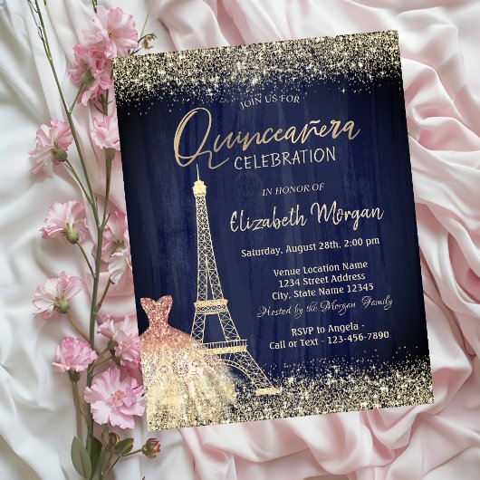 Eiffel Tower Confetti Dress Navy Blue Quinceanera Einladung