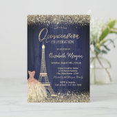 Eiffel Tower Confetti Dress Navy Blue Quinceanera Einladung (Stehend Vorderseite)
