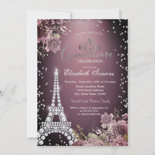 Eiffel Tower Diamonds Dark Roses Burgundy Einladung (Vorderseite)