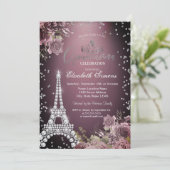 Eiffel Tower Diamonds Dark Roses Burgundy Einladung (Stehend Vorderseite)
