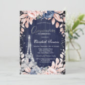 Eiffel Tower Diamonds Navy Blue Rose Quinceanera Einladung (Stehend Vorderseite)
