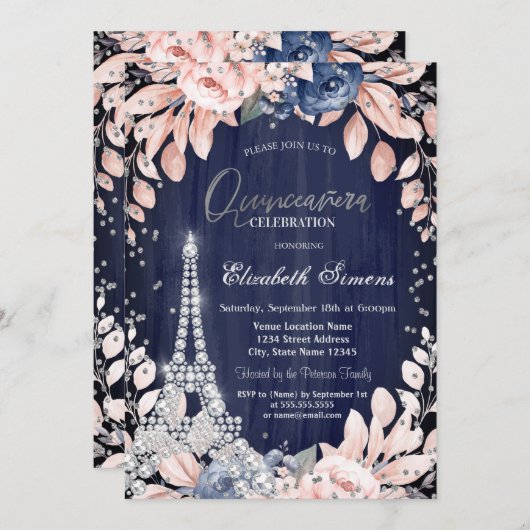 Eiffel Tower Diamonds Navy Blue Rose Quinceanera Einladung (Vorne/Hinten)