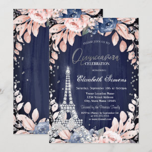 Eiffel Tower Diamonds Navy Blue Rose Quinceanera Einladung