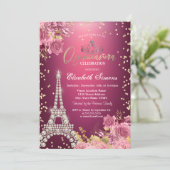 Eiffel Tower Diamonds Roses Red Quinceanera Einladung (Stehend Vorderseite)