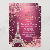 Eiffel Tower Diamonds Roses Red Quinceanera Einladung (Vorne/Hinten)