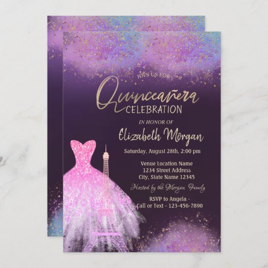 Eiffel Tower Dress Dusty Lila Quinceanera Einladung (Vorne/Hinten)