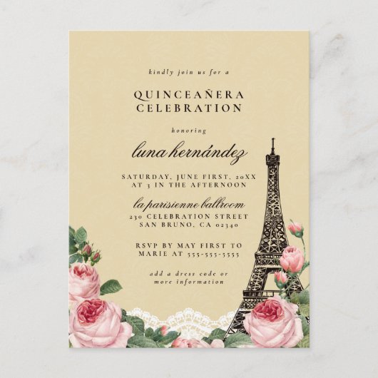 Eiffel Tower Floral Paris Themed Quinceañera Einladungspostkarte (Vorderseite)