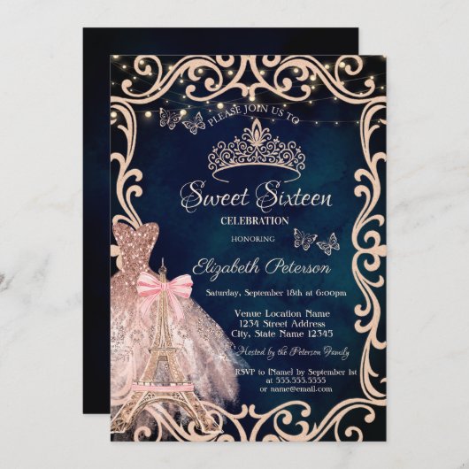 Eiffel Tower Frame Dress Glitter Butterfly Blue Einladung (Vorne/Hinten)