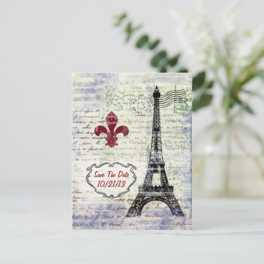 Eiffel Tower France Save the Date Postcard Ankündigungspostkarte (Stehend Vorderseite)