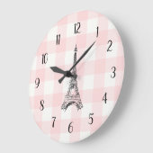 Eiffel Tower French Country Pink Gingham Pattern Große Wanduhr (Winkel)