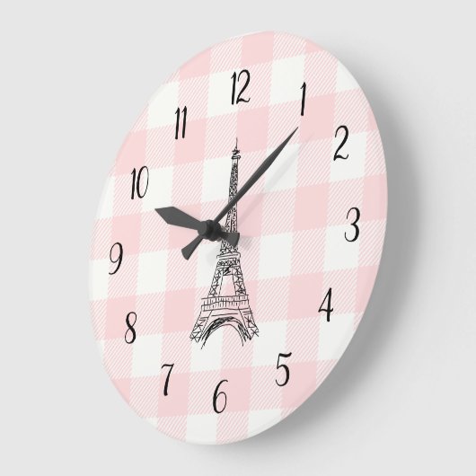 Eiffel Tower French Country Pink Gingham Pattern Große Wanduhr (Winkel)
