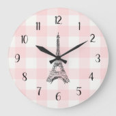 Eiffel Tower French Country Pink Gingham Pattern Große Wanduhr (Vorderseite)