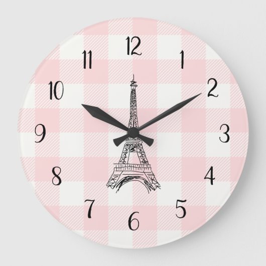 Eiffel Tower French Country Pink Gingham Pattern Große Wanduhr (Vorderseite)