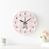 Eiffel Tower French Country Pink Gingham Pattern Große Wanduhr (Zuhause)