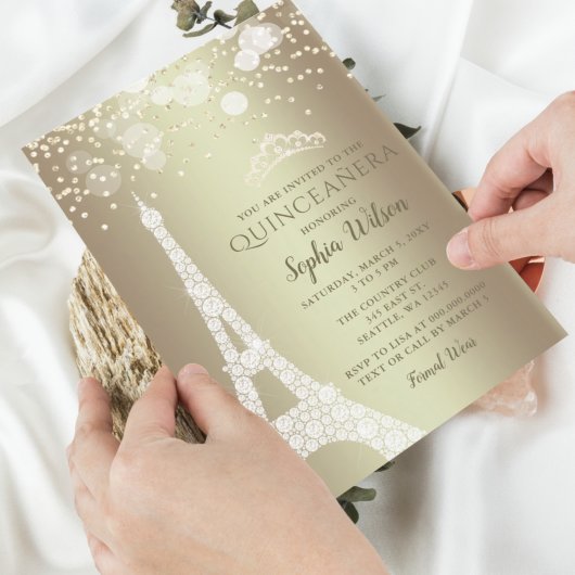 Eiffel Tower Gold Sparkle Glitzer Quinceañera Einladung