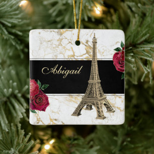 Eiffel Tower Gold, White Marble Rose Christmas Keramikornament