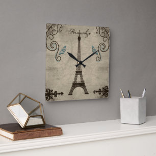Eiffel Tower Grunge Wall Clock Quadratische Wanduhr