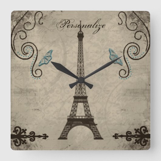 Eiffel Tower Grunge Wall Clock Quadratische Wanduhr (Vorderseite)